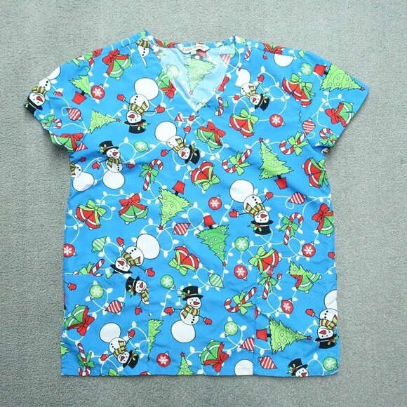 Gabby Brooke Nursing Scrub Top Women Size S Chrismas Theme V-Neck Short Sleeve - Picture 1 of 7